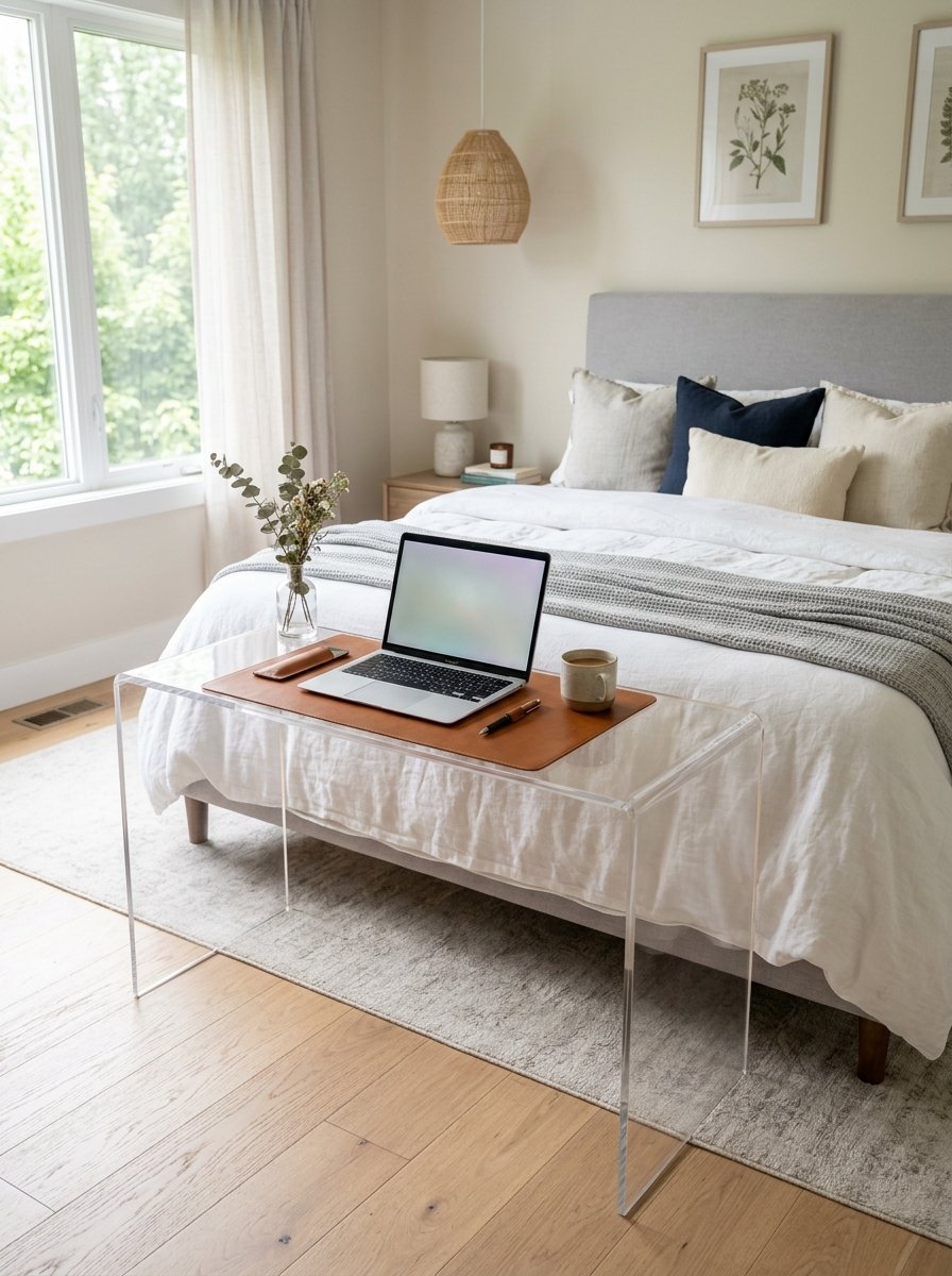 Transparent acrylic table with a laptop, leather desk mat, and coffee mug in a bright, modern bedroom.