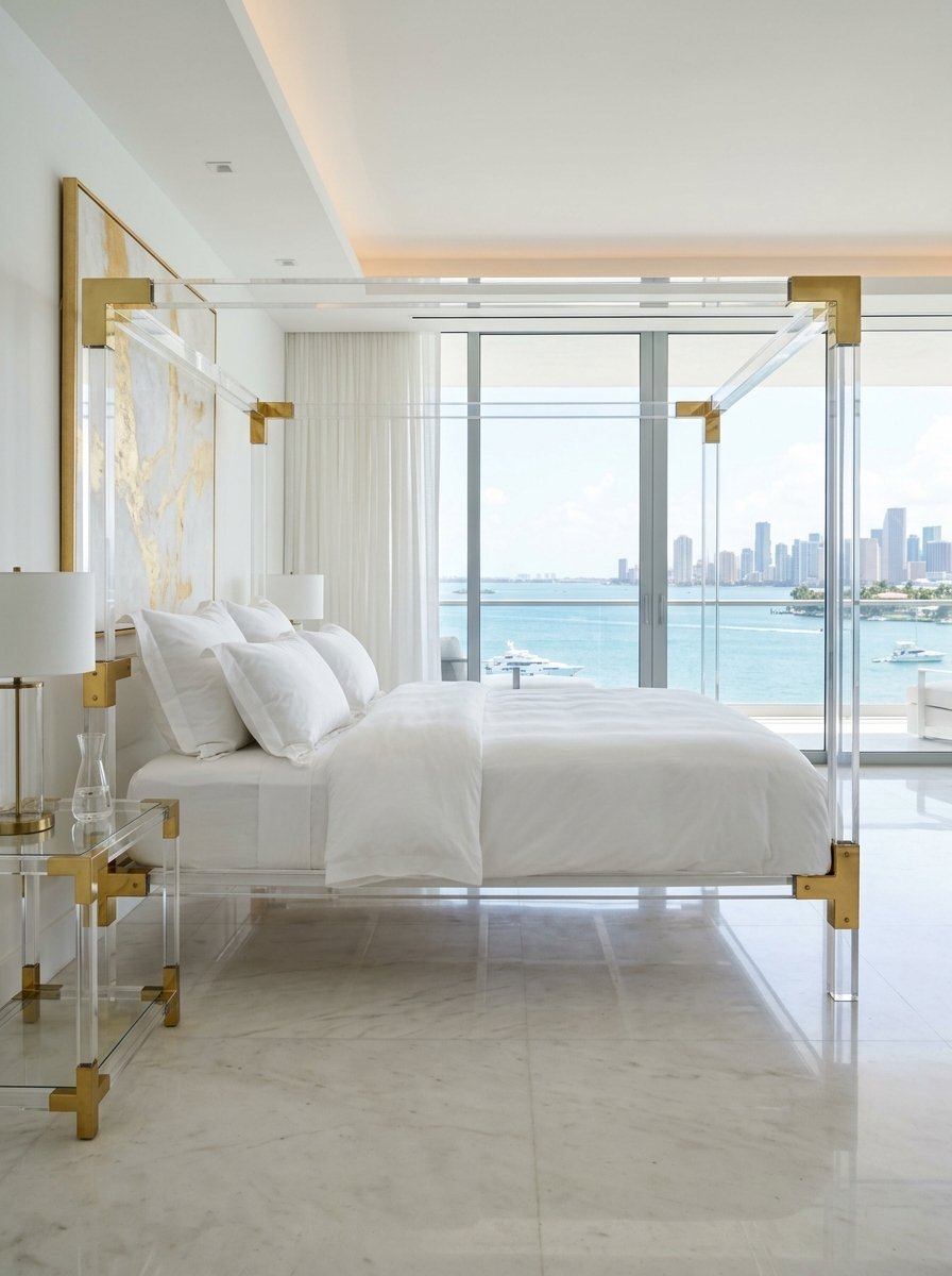 Modern bedroom with a clear acrylic and gold four-poster bed facing a Miami city skyline and bay view.