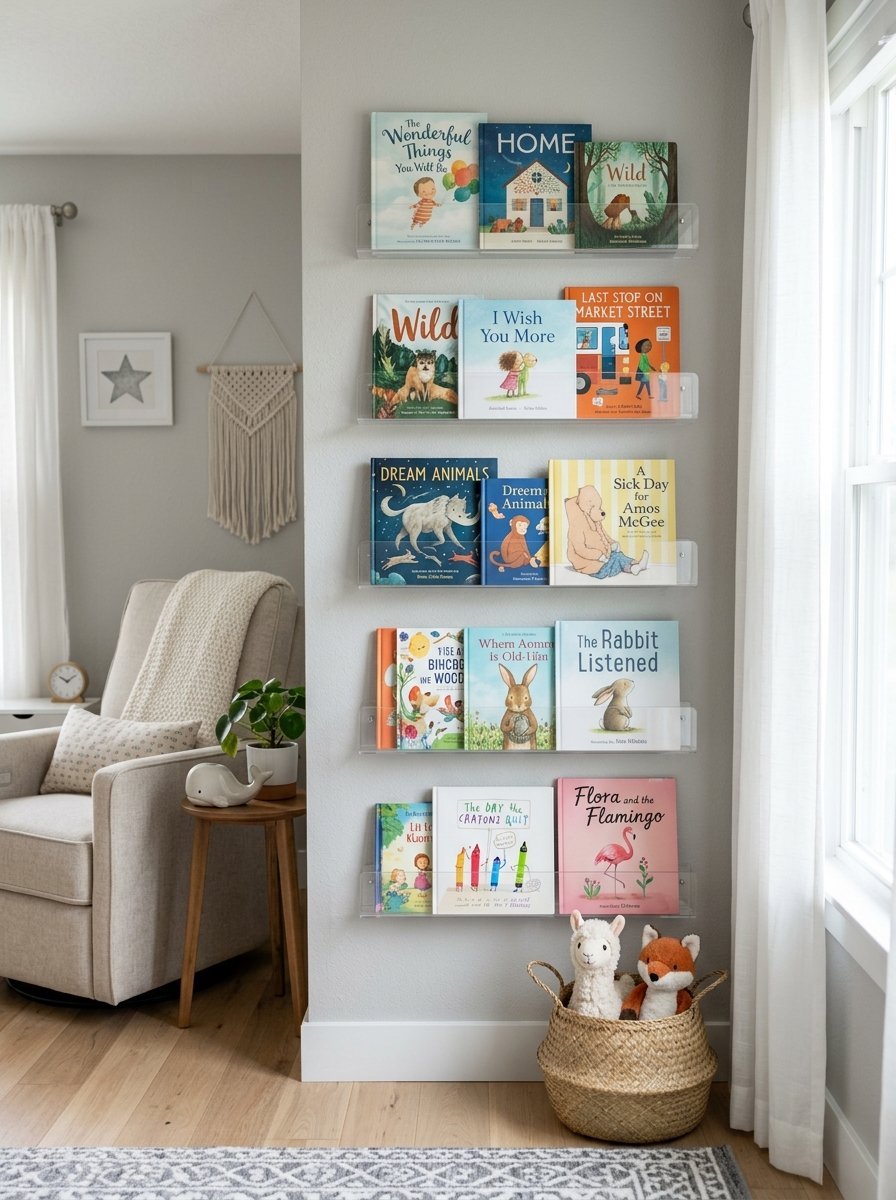 Five floating transparent shelves mounted on a wall holding rows of illustrated kids' picture books.