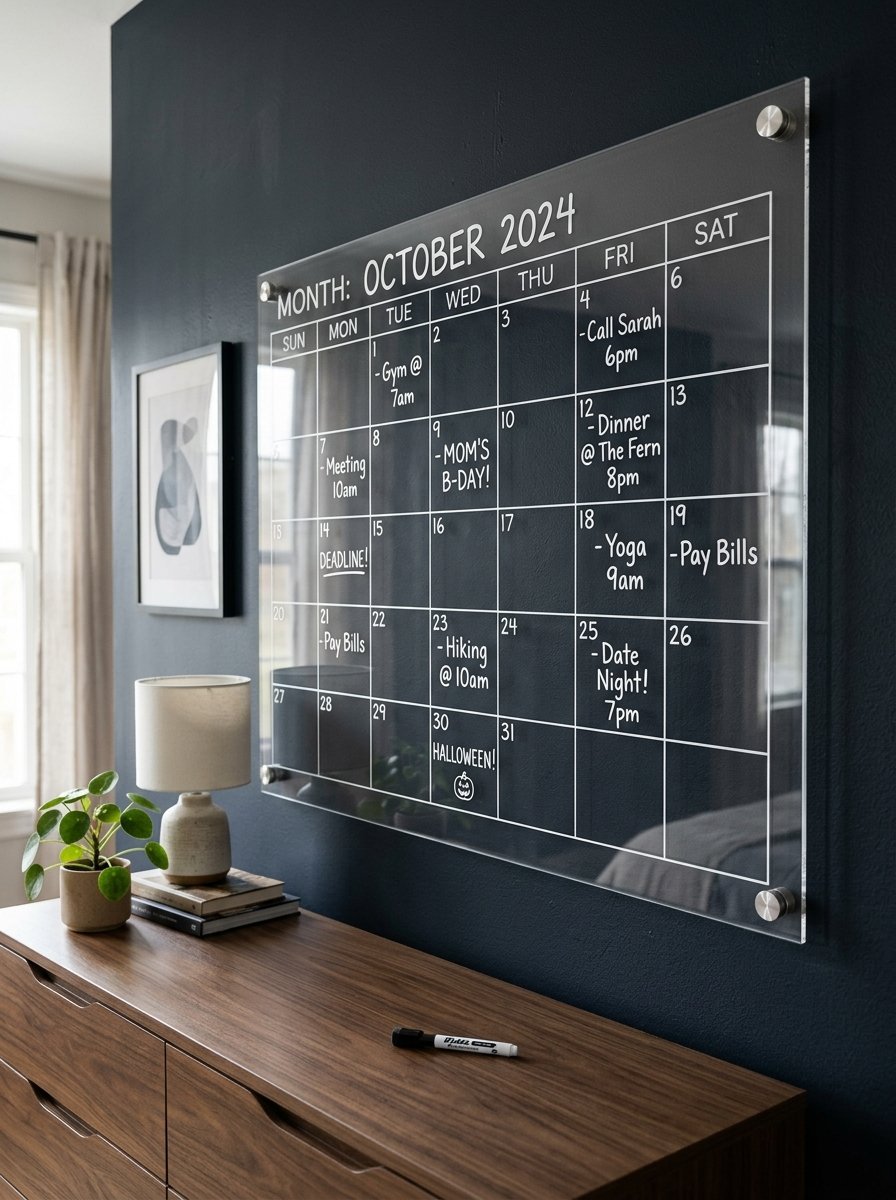 A transparent acrylic wall calendar for October 2024 featuring handwritten notes above a wooden dresser.