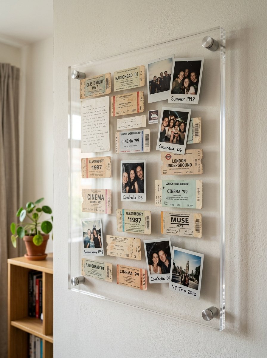 Acrylic frame holding vintage music festival tickets, movie stubs, and group polaroid photos on a white wall.