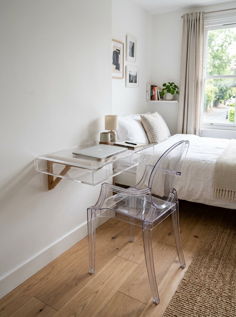 Transparent ghost chair sitting at a floating acrylic desk inside a bright bedroom with wooden floors.
