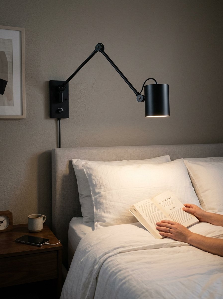 Close-up of hands holding an open book illuminated by a matte black adjustable swing arm lamp in a bedroom.