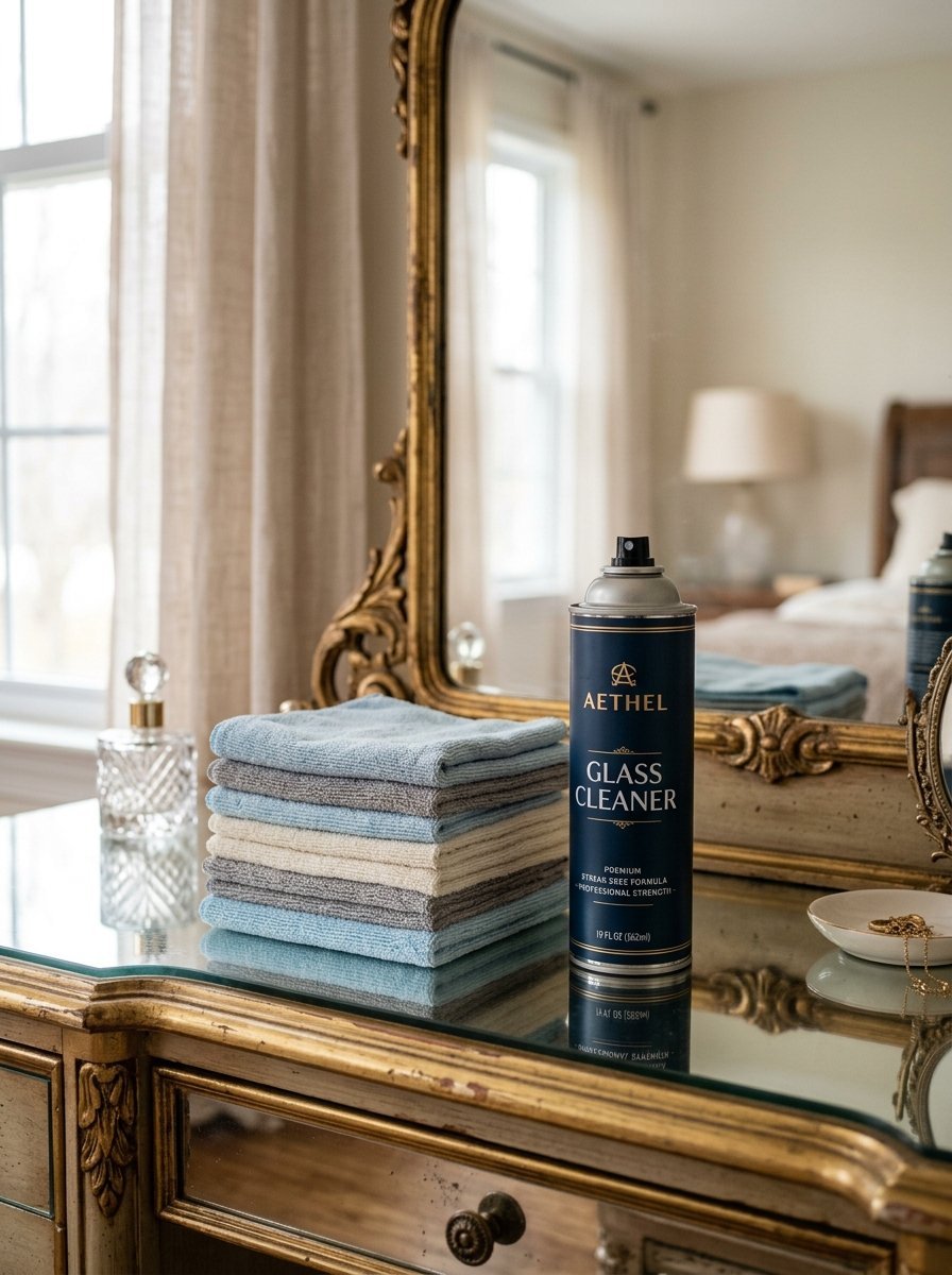 A can of Aethel glass cleaner and a stack of colorful microfiber towels sitting on a glass-topped ornate vanity.