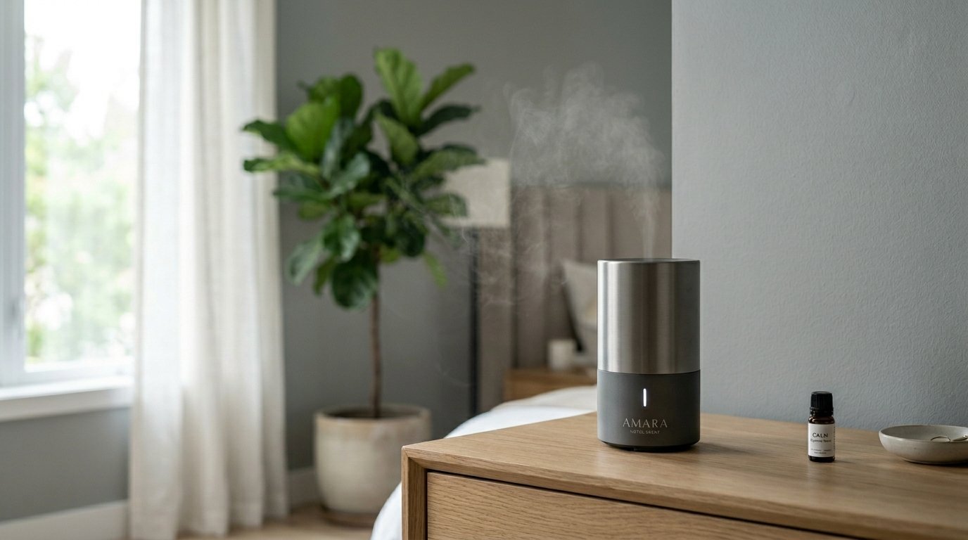 Modern metal essential oil diffuser with vapor on a light wood bedside table near a fiddle leaf fig plant.