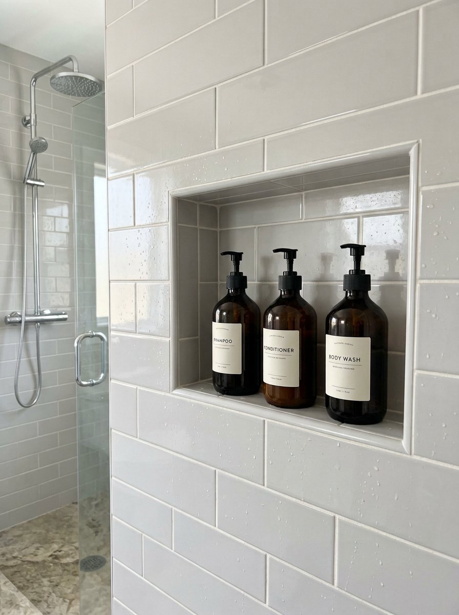 Shampoo, conditioner, and body wash dispensers organized on a built-in shelf in a white tiled bathroom.