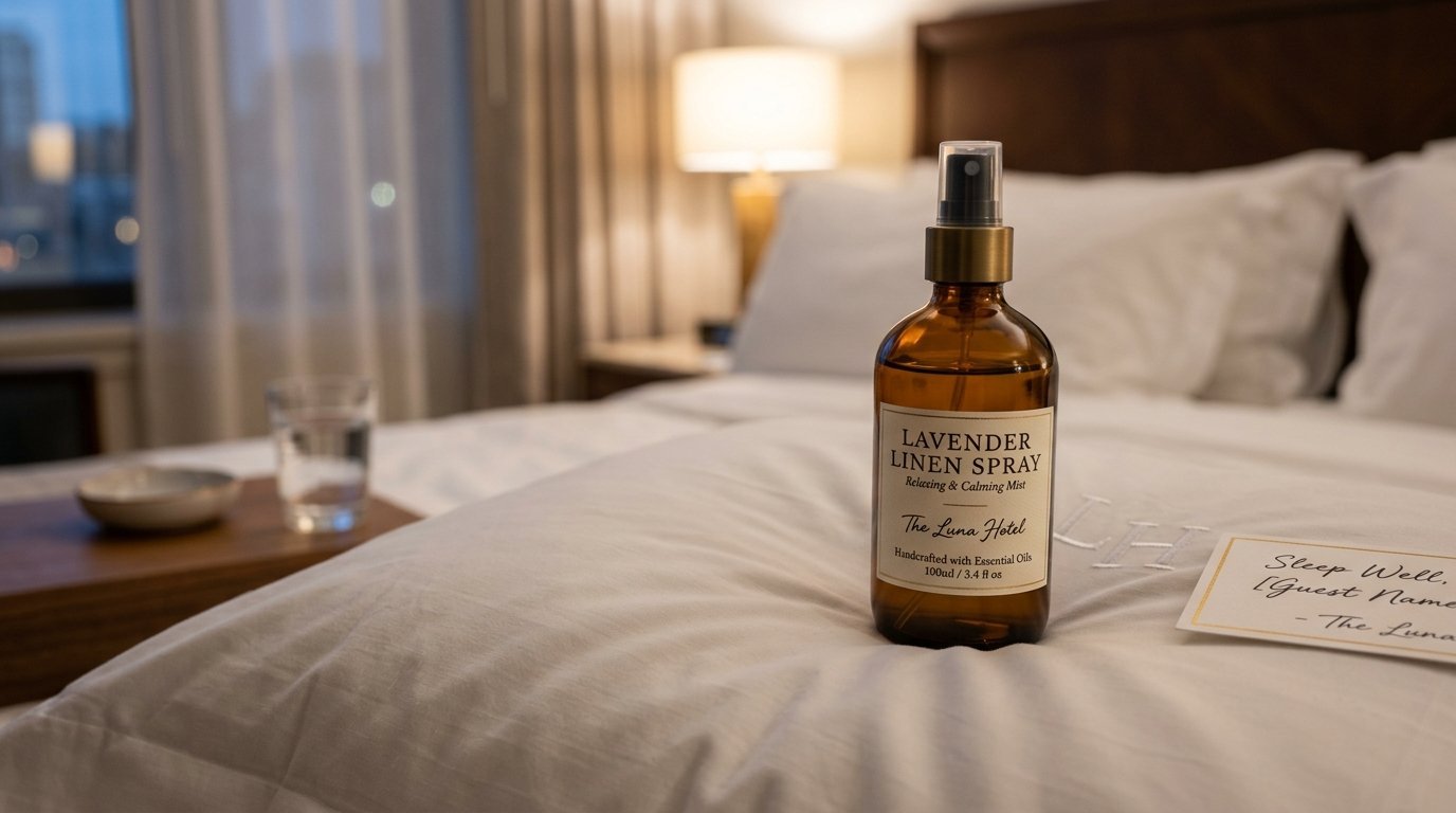 A bottle of essential oil linen spray resting on a plush white hotel bed next to a welcome card.