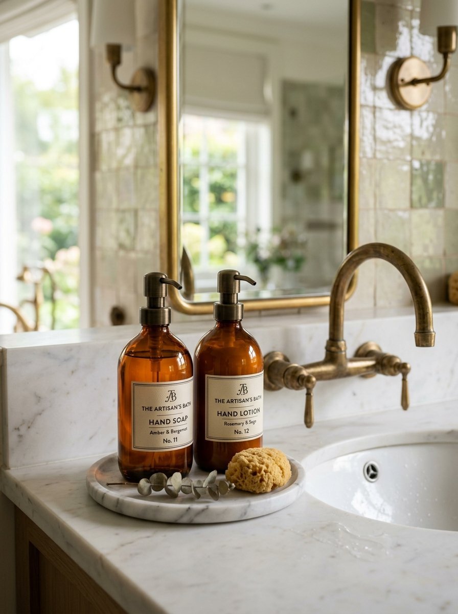 Two amber glass dispenser bottles with labels on a round marble tray by a white sink and brass faucet.