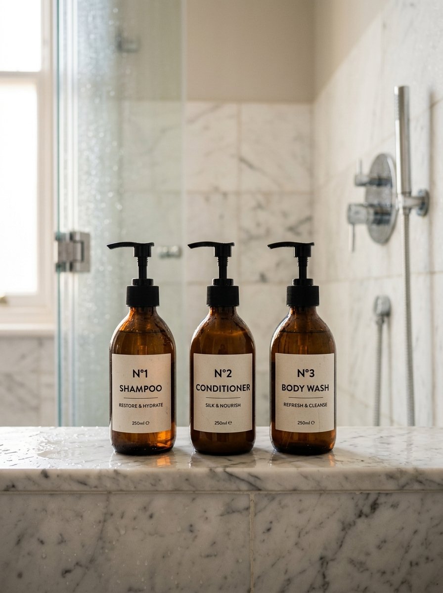 Shampoo, conditioner, and body wash containers lined up on a wet marble bathroom shelf.