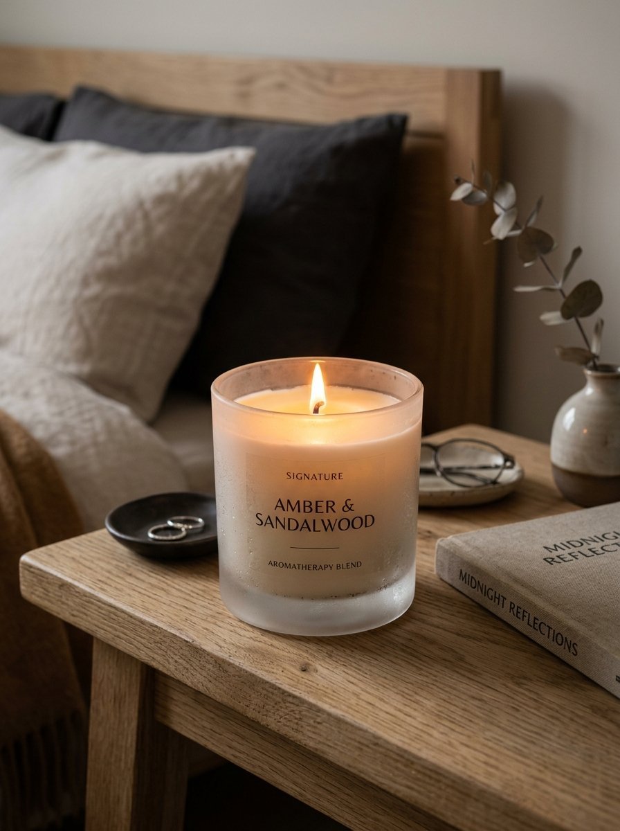 Burning frosted glass candle labeled Amber and Sandalwood placed on a bedside table with a book.