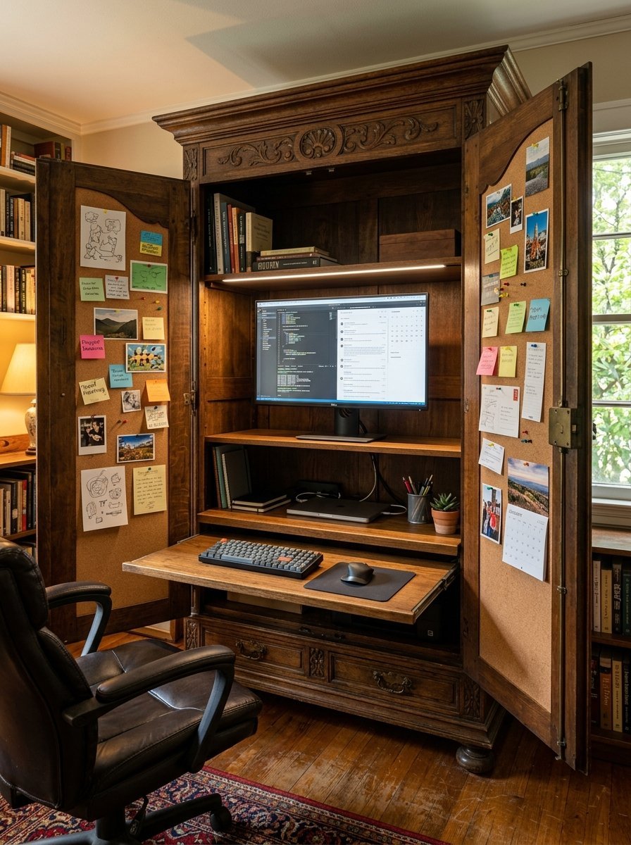 Wooden cabinet doors open to reveal a computer monitor, keyboard, and bulletin boards covered in sticky notes.