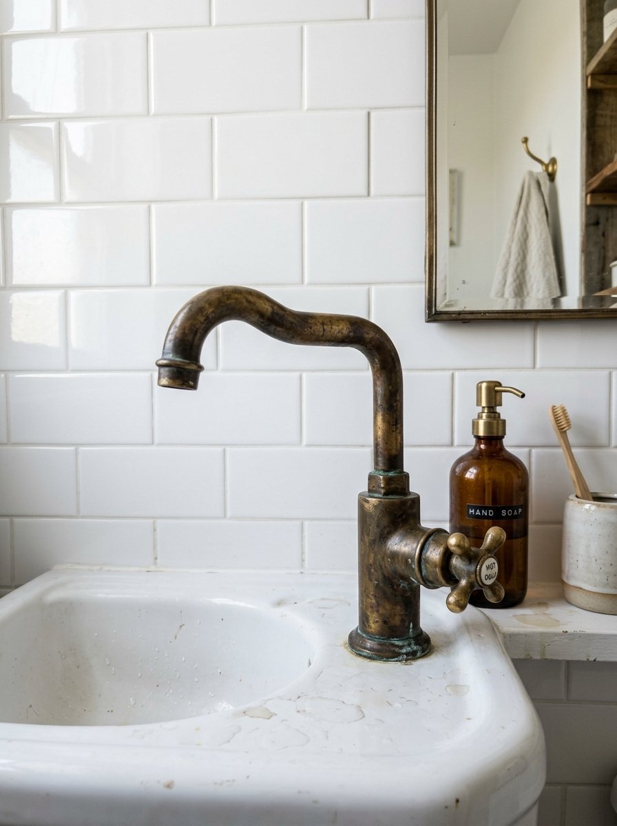 Close up of an aged brass plumbing fixture on a white porcelain sink with soap dispenser and bamboo toothbrush