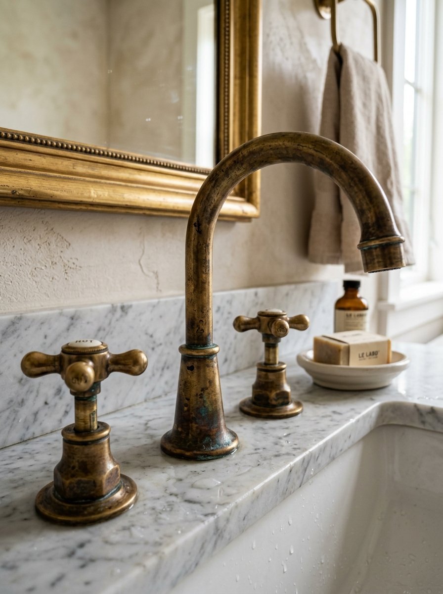 A weathered bronze bathroom faucet with cross handles on a marble vanity near a soap dish and hanging towel.