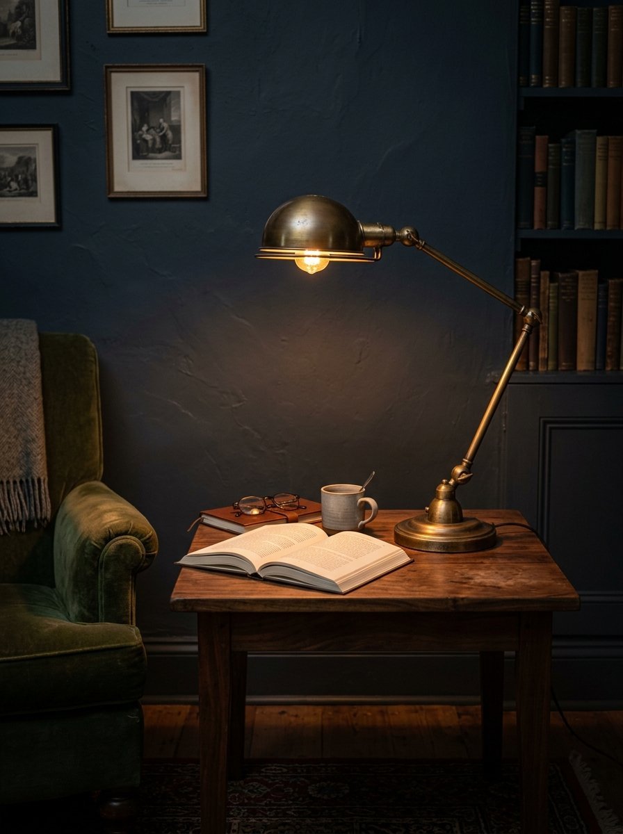 An illuminated vintage desk lamp sits on a wooden side table next to an open book, glasses, and a mug.