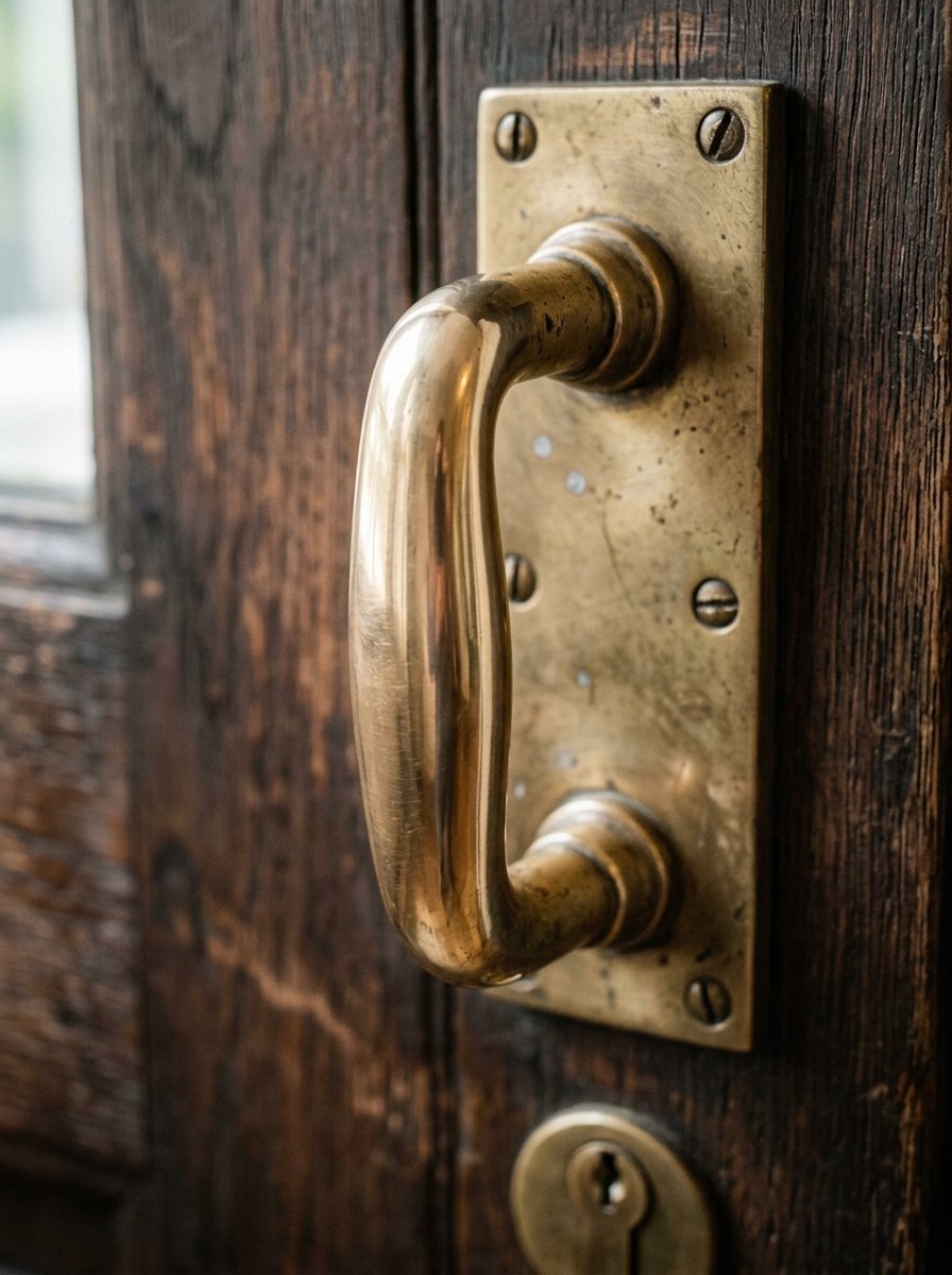 Close up of an aged brass door pull handle fixed to a dark wooden door with screws.