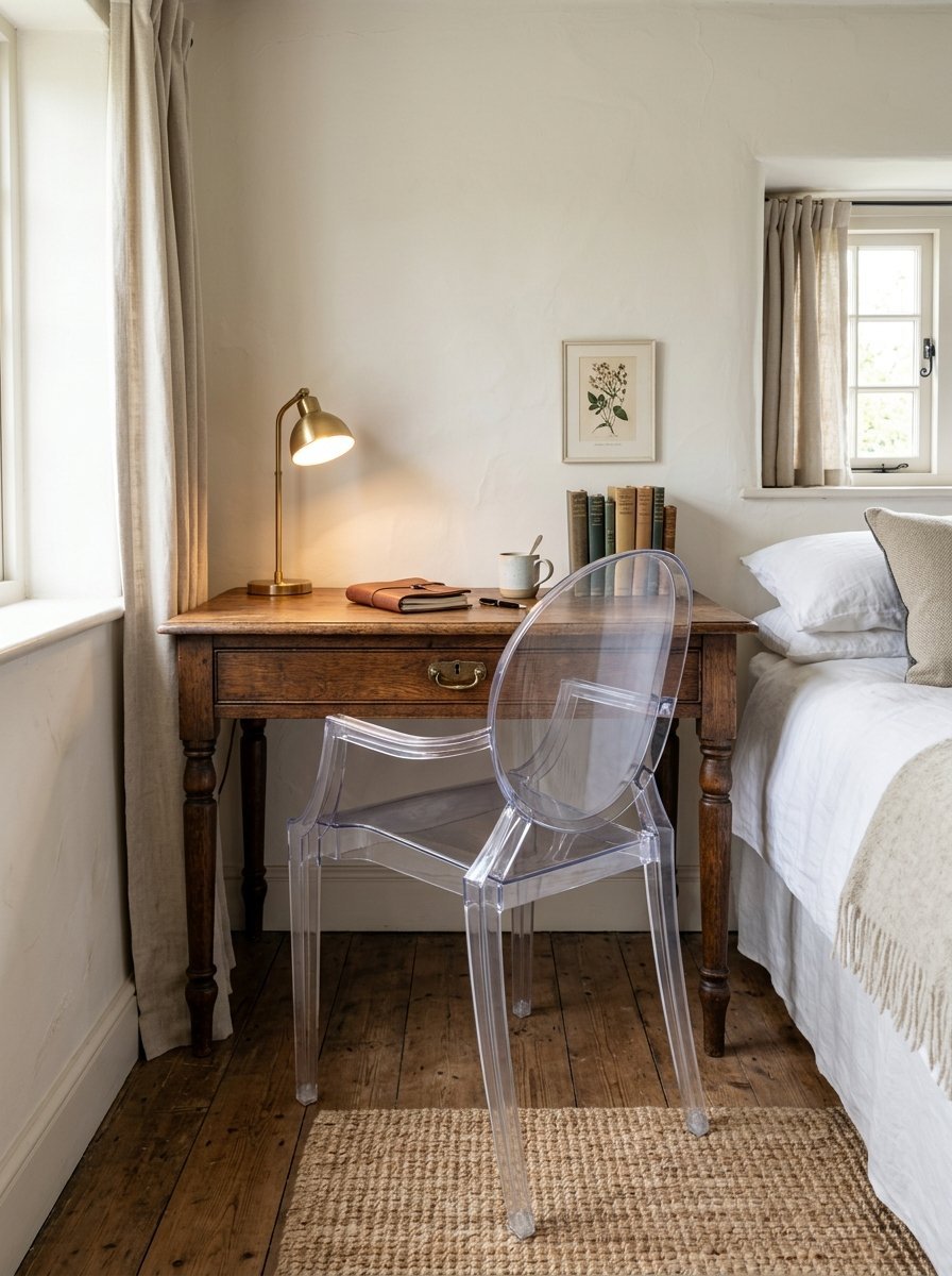 An antique wooden desk and clear acrylic chair placed beside a bed in a cozy bedroom.