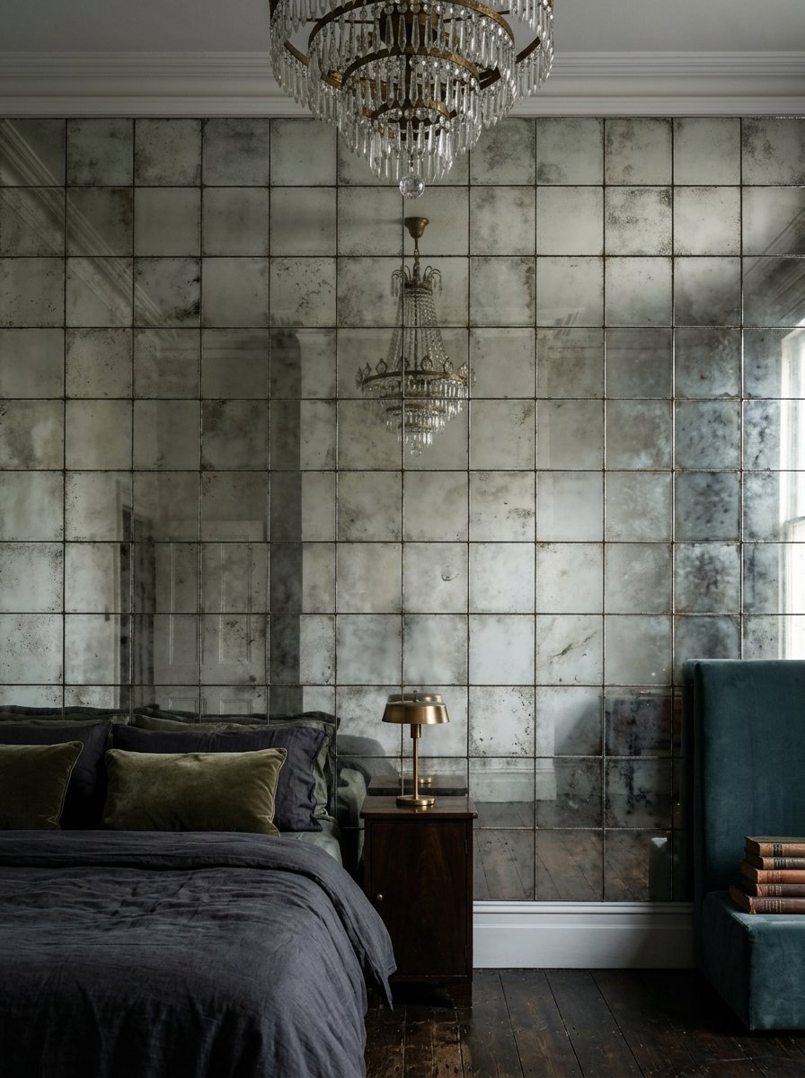 An elegant bedroom with a grid of weathered vintage mirrors behind a charcoal linen bed.