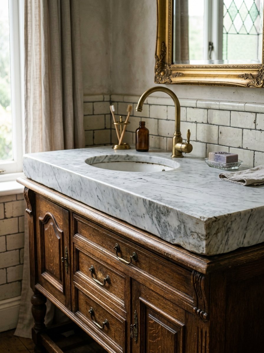 A rustic wooden bathroom cabinet featuring a stone sink and brass faucet against a tiled wall.