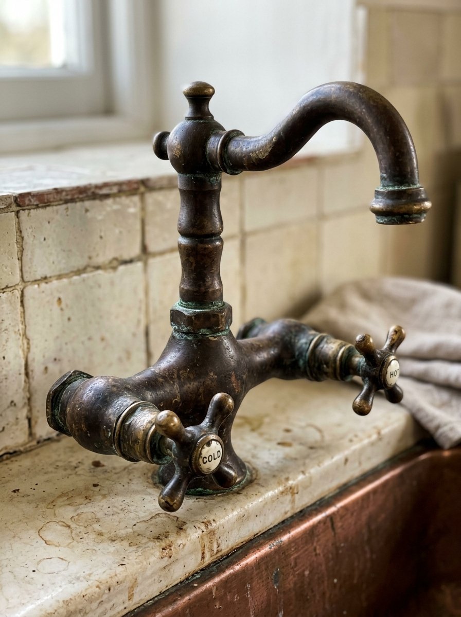 An old bronze kitchen faucet with hot and cold ceramic markers sits on a stained marble ledge near a copper sink.