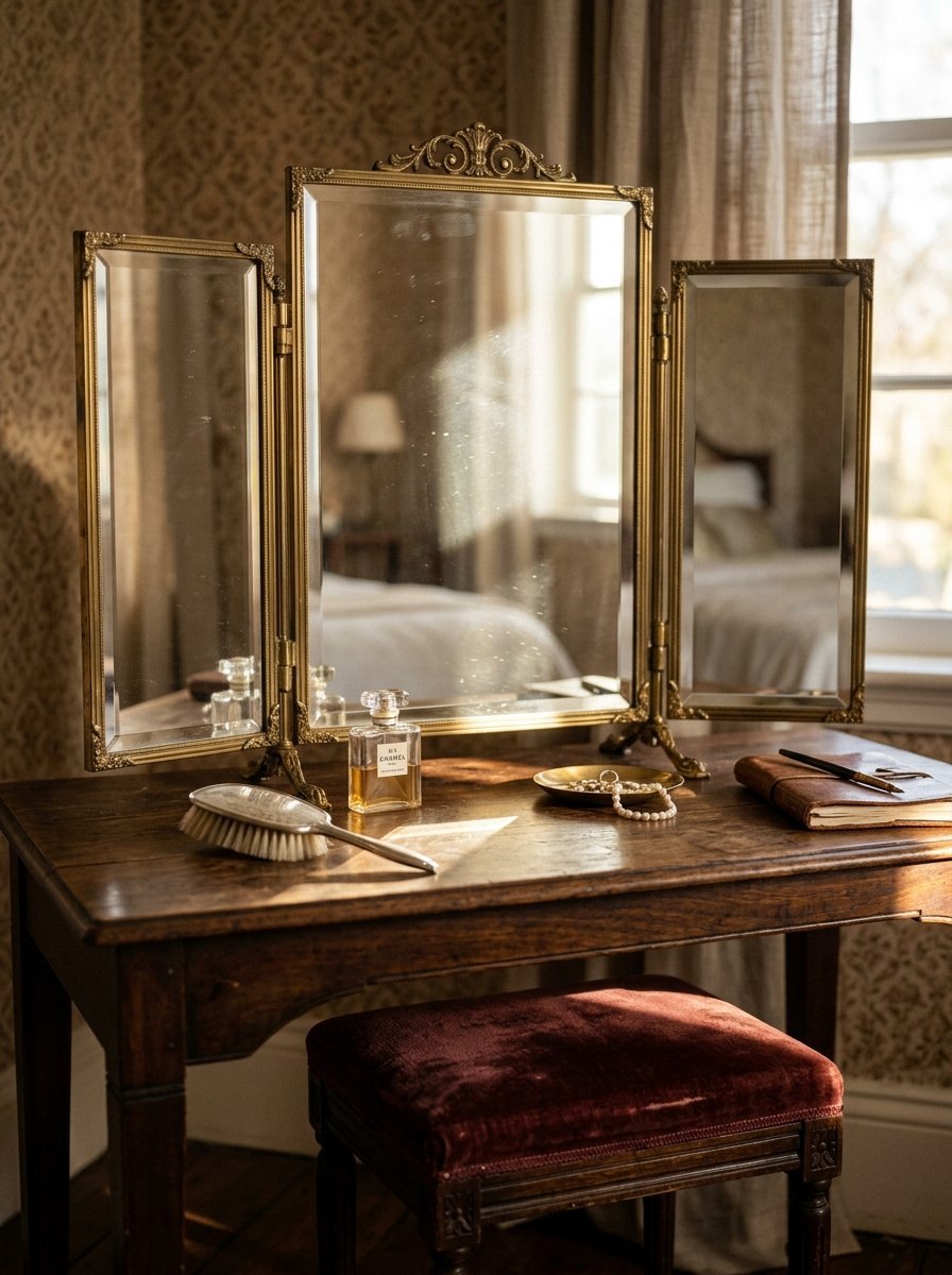 An ornate three-panel gold mirror on a table with a perfume bottle, hairbrush, pearls, and notebook.