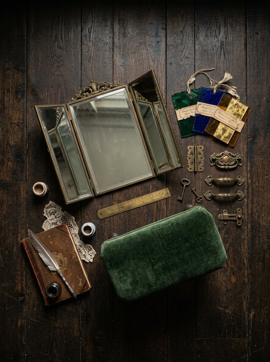 Top-down view of a vintage tri-fold mirror, velvet stool, brass keys, and old books on a rustic dark wooden floor.