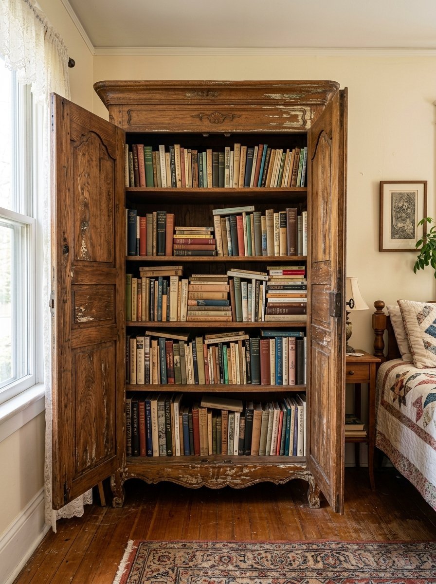 An open, distressed wooden cabinet displaying five shelves packed with old hardcover books in a bedroom.