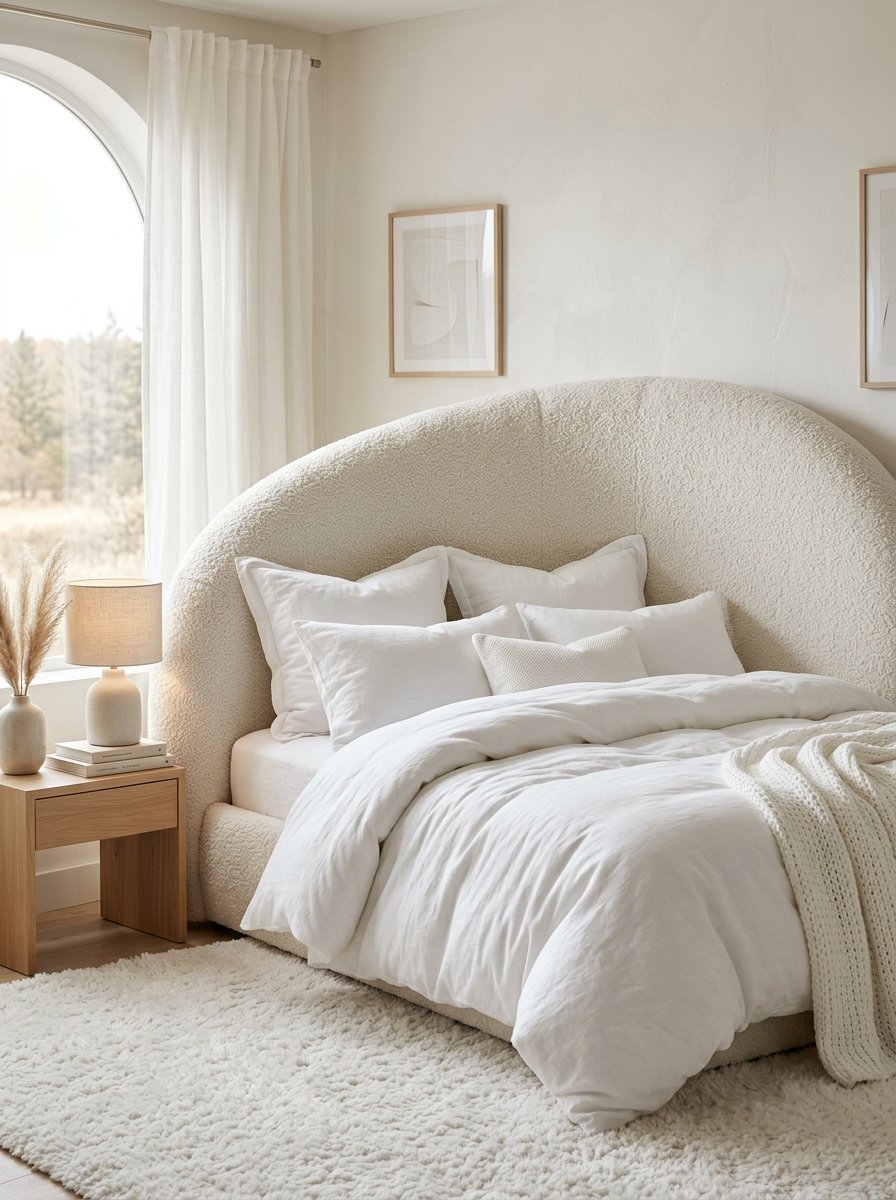 A cream colored curved bouclé headboard against a neutral wall with white linen pillows and a shaggy rug.