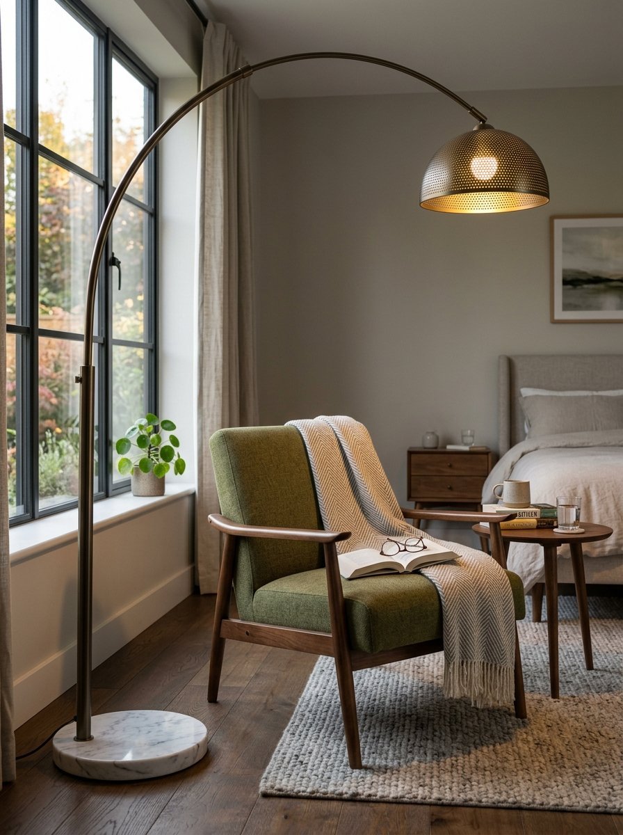 A brass arch lamp with a perforated shade stands next to a green upholstered armchair draped with a herringbone blanket.