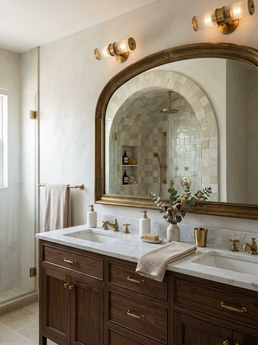 A bathroom vanity with marble countertop, walnut cabinets, and a large arched mirror reflecting a tiled shower.