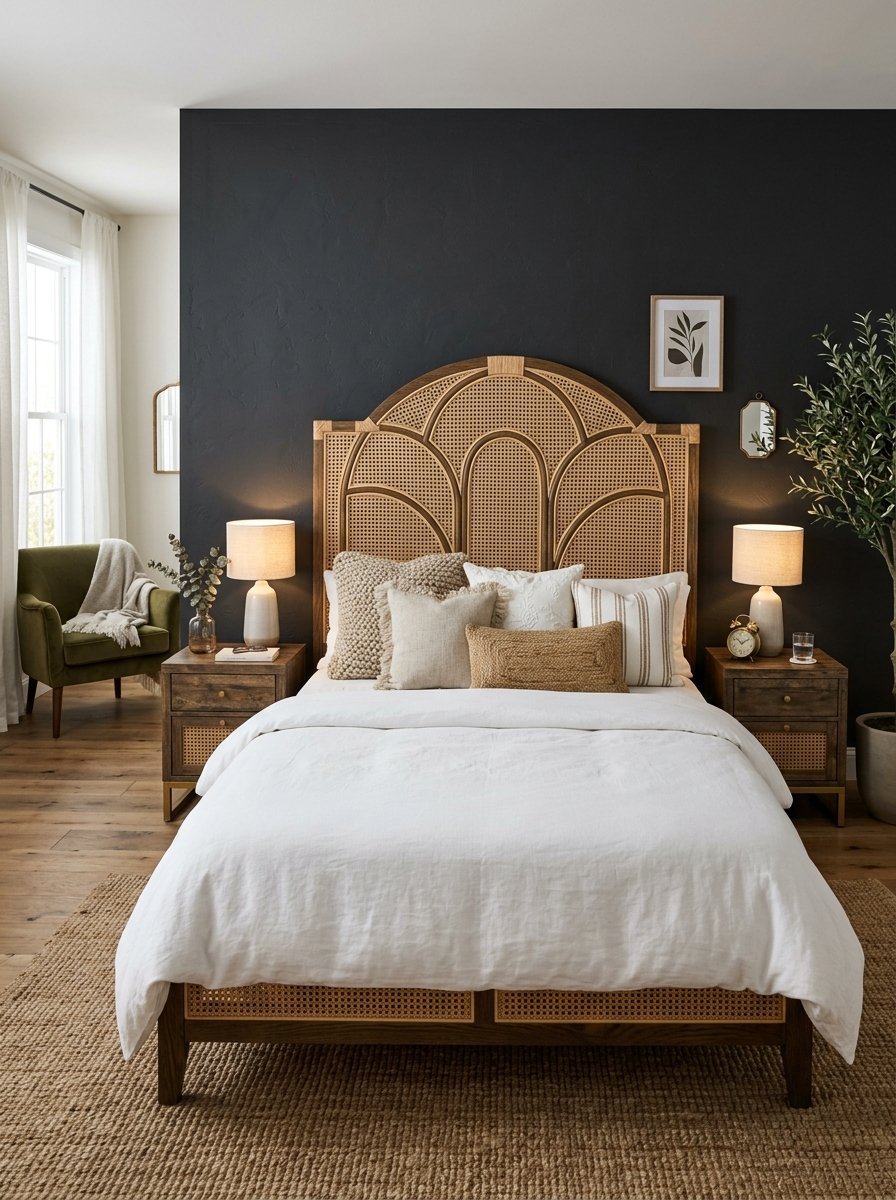 A bedroom featuring a wooden bed frame with a curved rattan headboard against a dark charcoal accent wall.