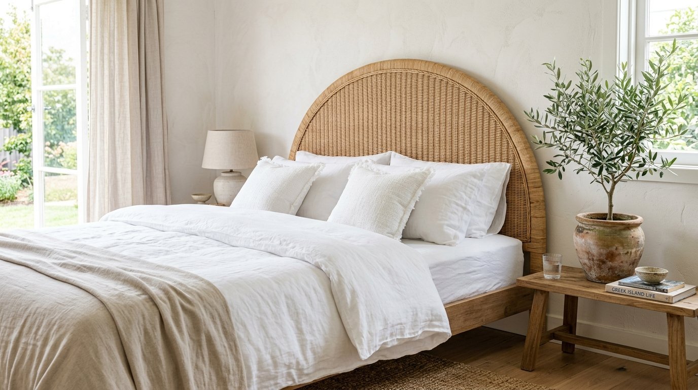 Modern bedroom with a round wicker headboard, white linens, and a potted olive tree on a wooden bench.