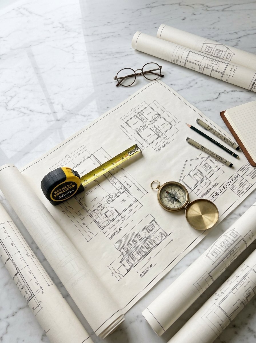 An overhead view of floor plan drawings on a marble surface with a tape measure, brass compass, and drafting pens.