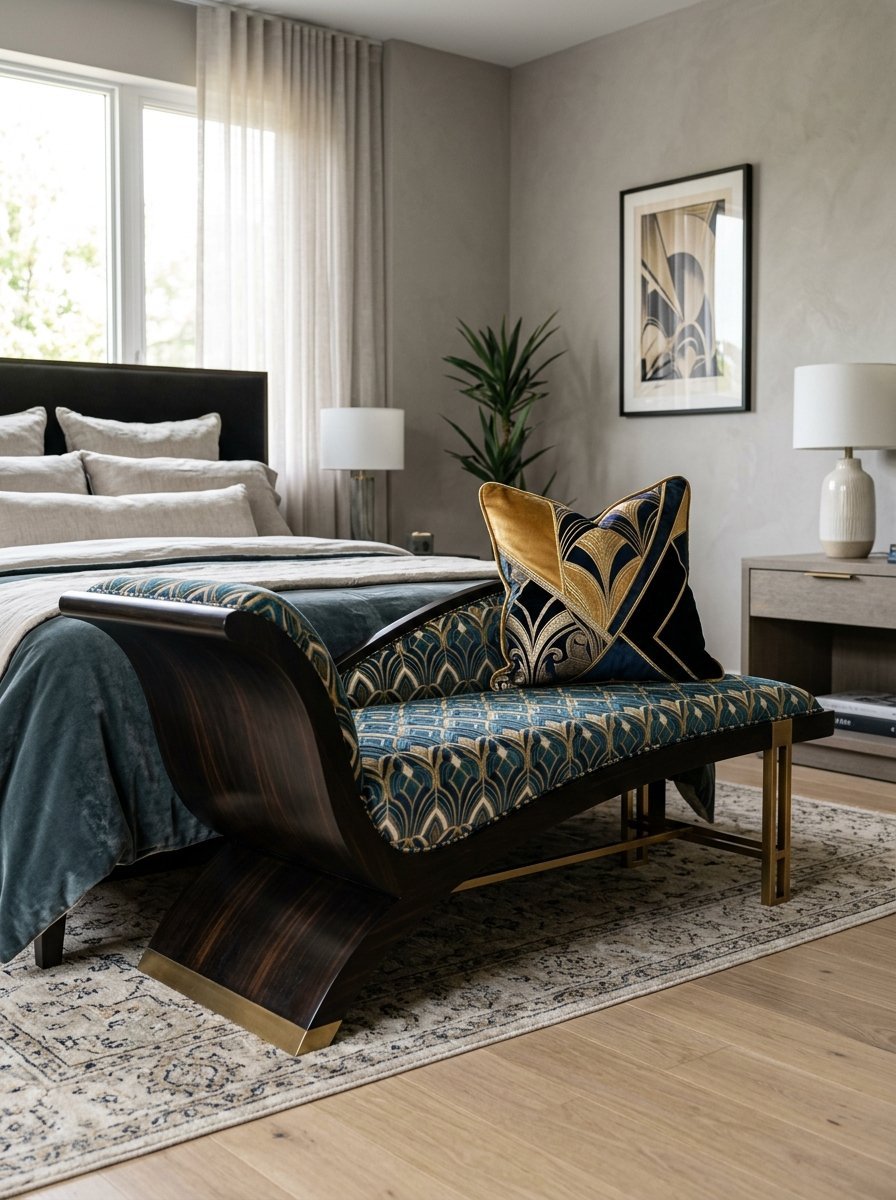 Curved dark wood bench featuring teal and gold geometric fabric patterns at the foot of a bed.
