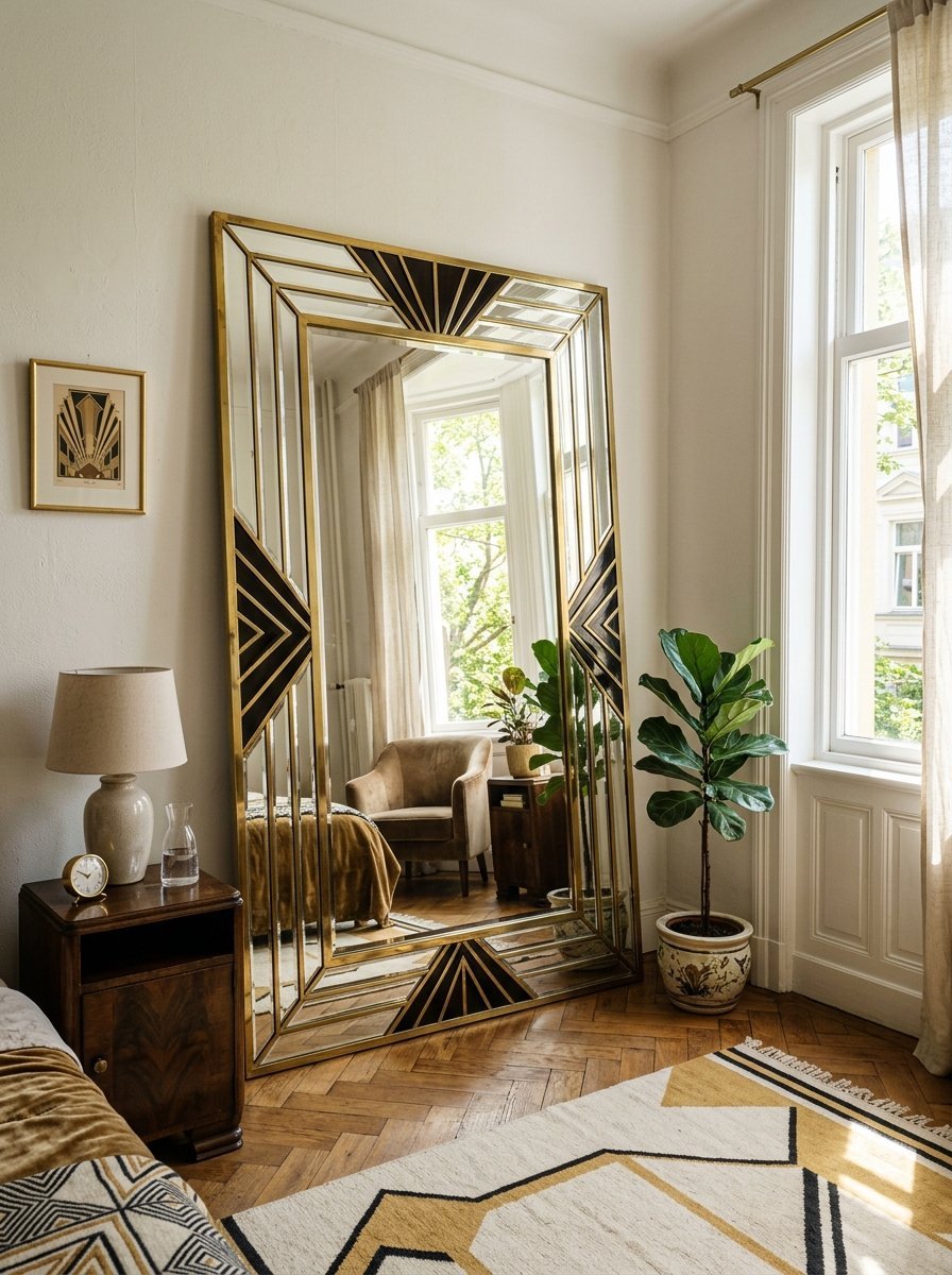 A tall, rectangular gold art deco mirror leaning against a white wall next to a fiddle leaf fig plant.