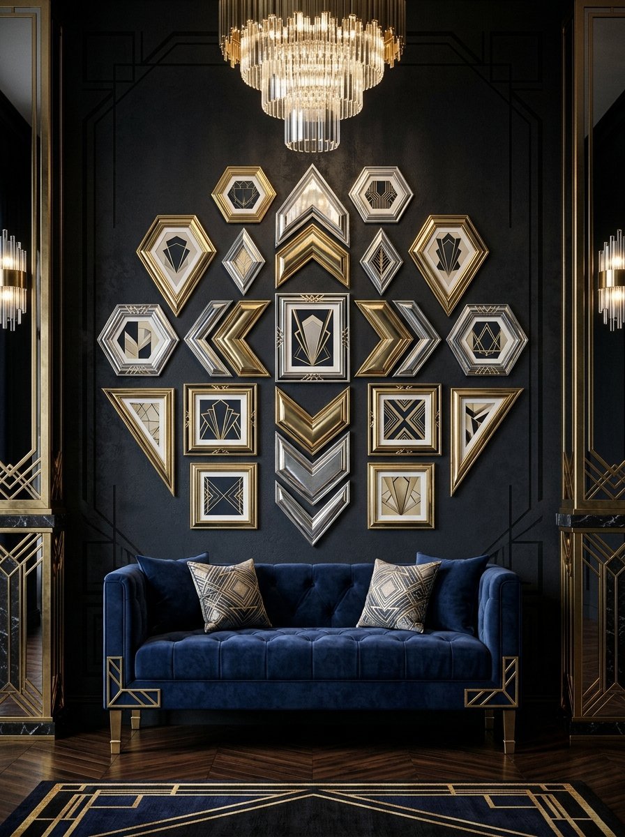 Luxurious tufted navy blue couch centered beneath a wall arrangement of assorted gold and silver art deco frames.