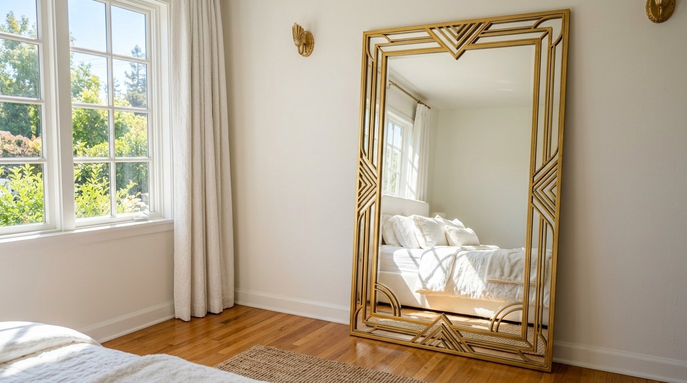 Tall rectangular mirror with intricate geometric gold trim reflecting a white bed in a bright bedroom.