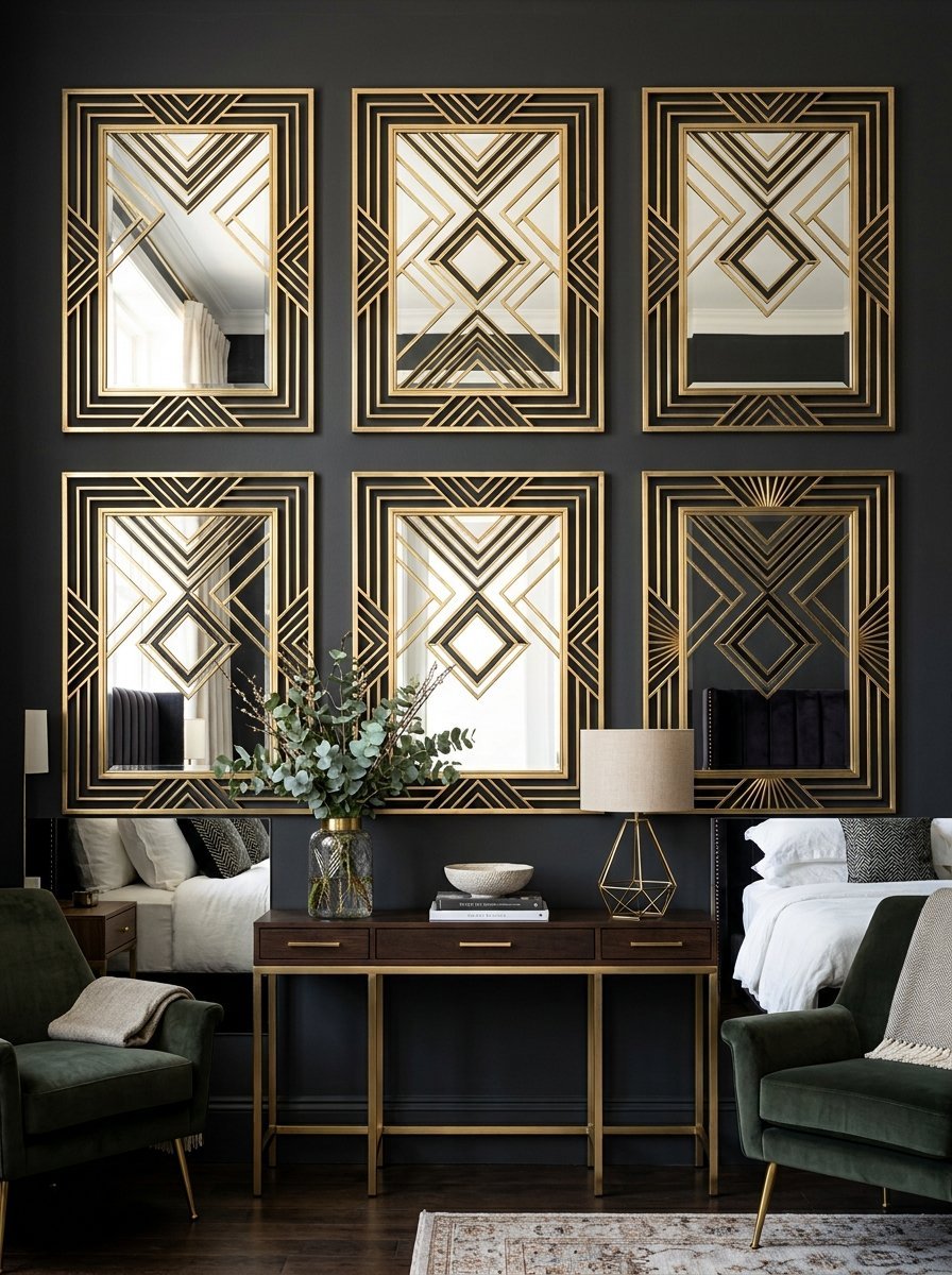 A dark room featuring six rectangular art deco mirrors with gold frames arranged in a grid on a charcoal wall.
