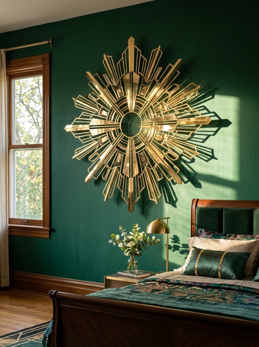 A metallic gold sunburst wall art piece hangs above a bed in a room with dark green walls.