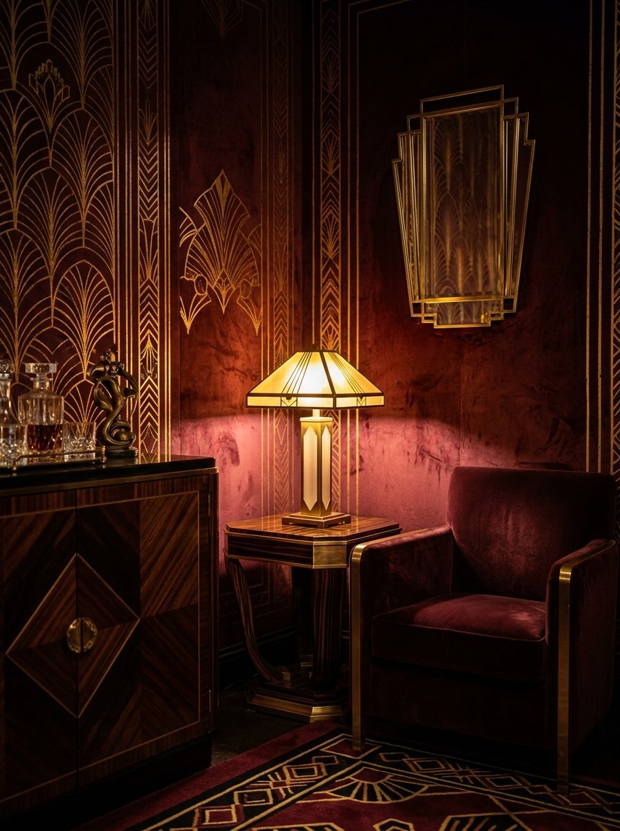 A dimly lit room with deep red velvet wallpaper, a gold geometric table lamp, and matching armchair.