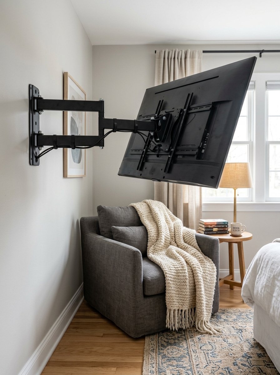 A flat screen television mounted on a black articulating arm above a cozy armchair.