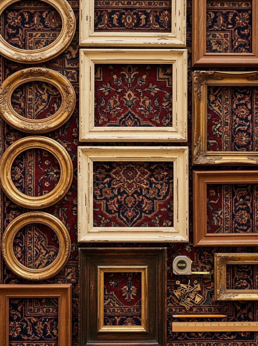 A flat lay collection of various oval and rectangular wooden picture frames arranged on a patterned rug.