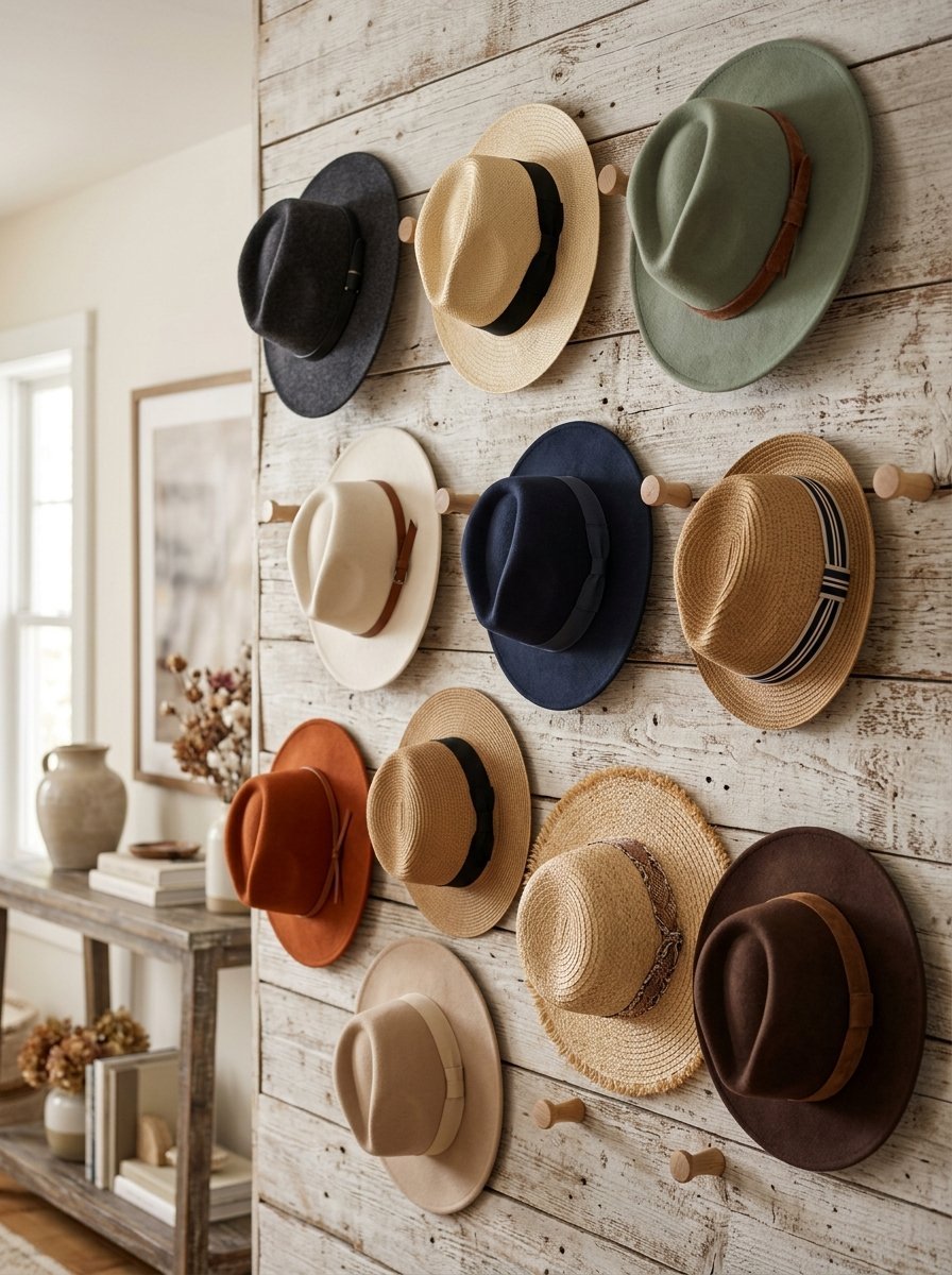 Ten various felt and straw hats hung neatly on wooden pegs against a weathered white plank wall.