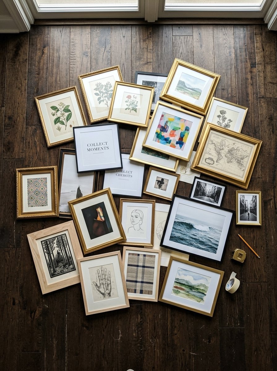 Overhead view of many picture frames with varied botanical, abstract, and photographic art on a dark floor.
