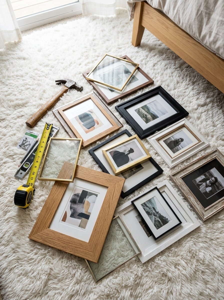 Hammer, tape measure, and level resting near various empty and filled picture frames on a plush white shag rug.