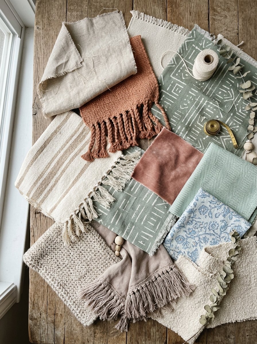 Top-down view of layered linen, wool, velvet, and patterned fabric swatches with yarn and a measuring tape.