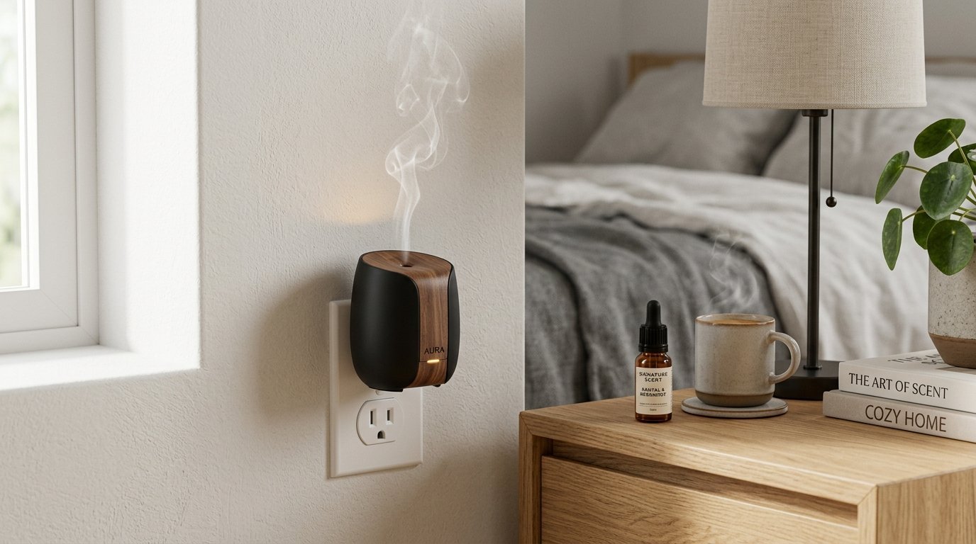 A modern Aura plug-in aroma diffuser emits a gentle mist on a bedroom wall near a nightstand.