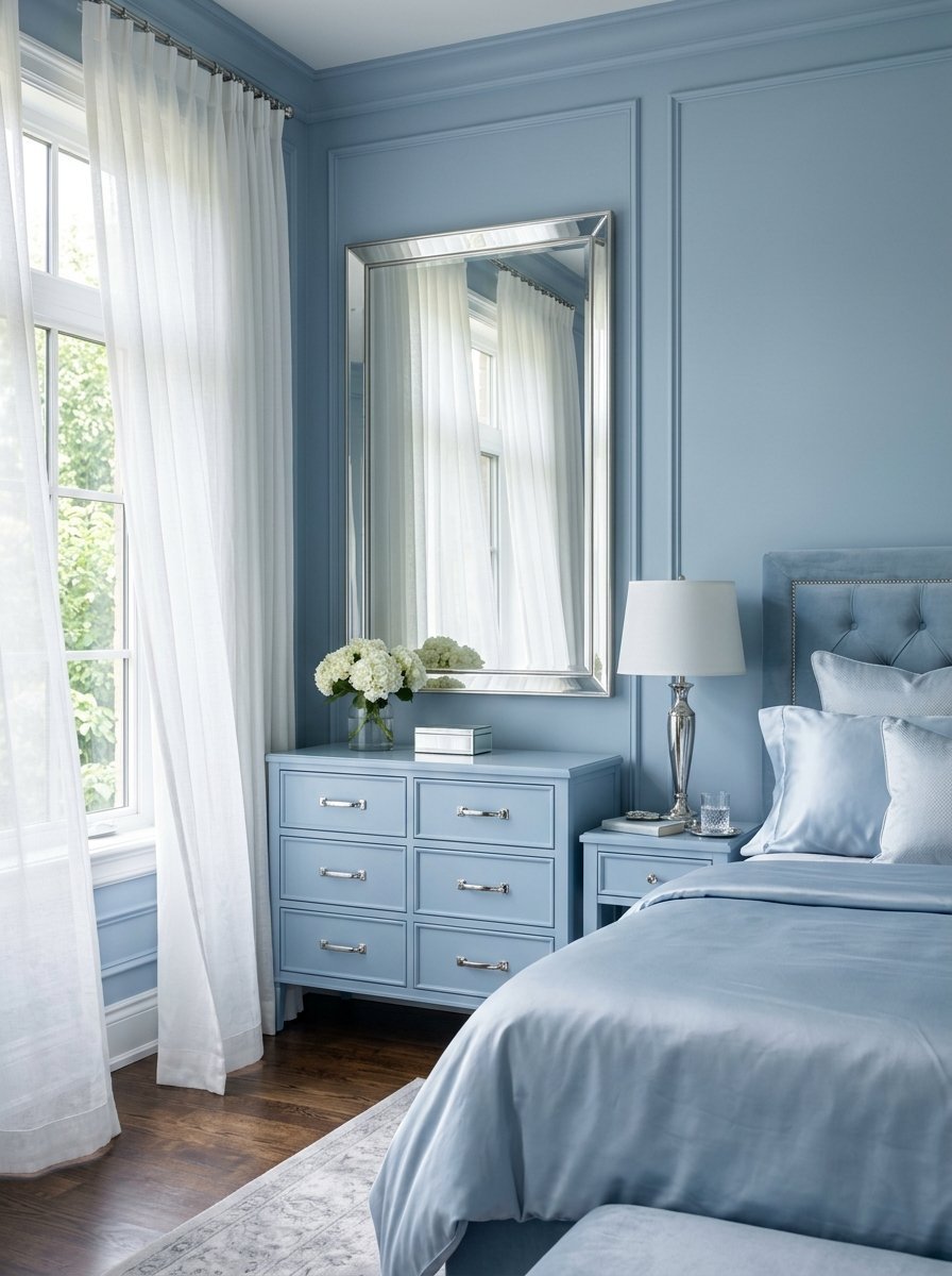 A light blue bedroom featuring a six-drawer dresser with a large silver framed mirror and white hydrangea flowers.