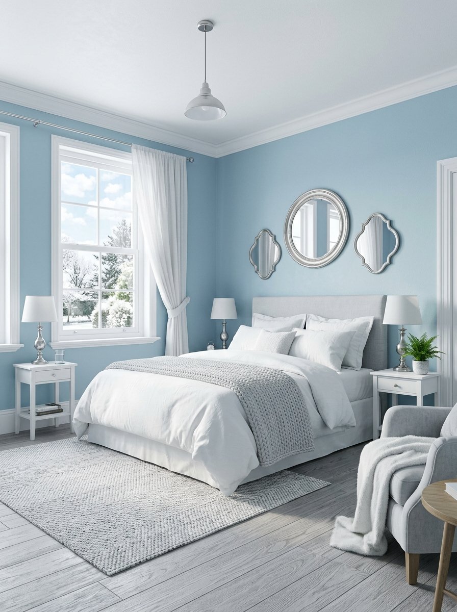 A serene bedroom featuring baby blue walls, a white bed with a grey throw, and a collection of wall-mounted mirrors.