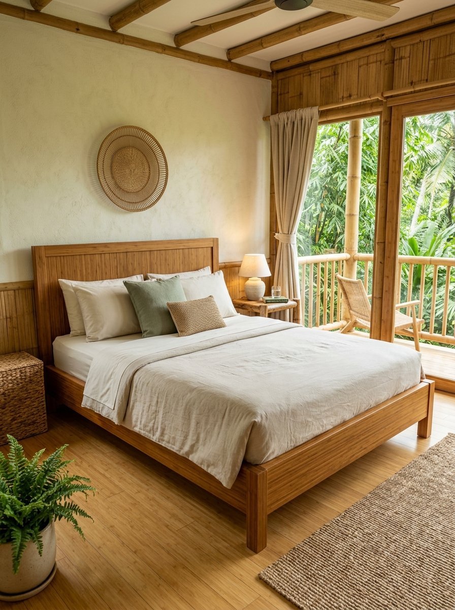 Wooden bed with neutral bedding next to large windows overlooking a lush green forest canopy.