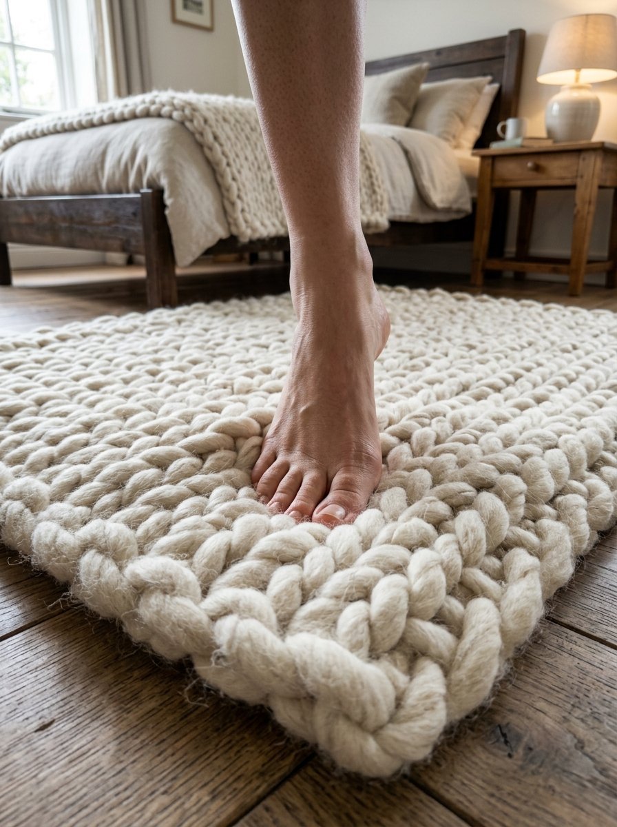 A close-up of a bare foot touching a soft, ivory-colored chunky cable knit rug in a bedroom setting.